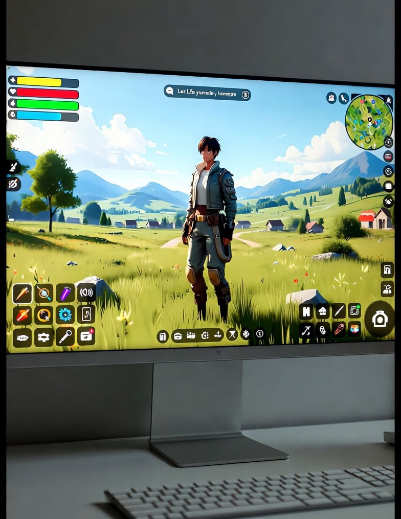 In-game screenshot of the LifeSim open world with a character exploring a green meadow