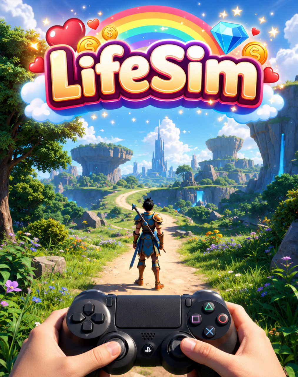 LifeSim game art featuring a hero adventurer beneath a colorful LifeSim logo